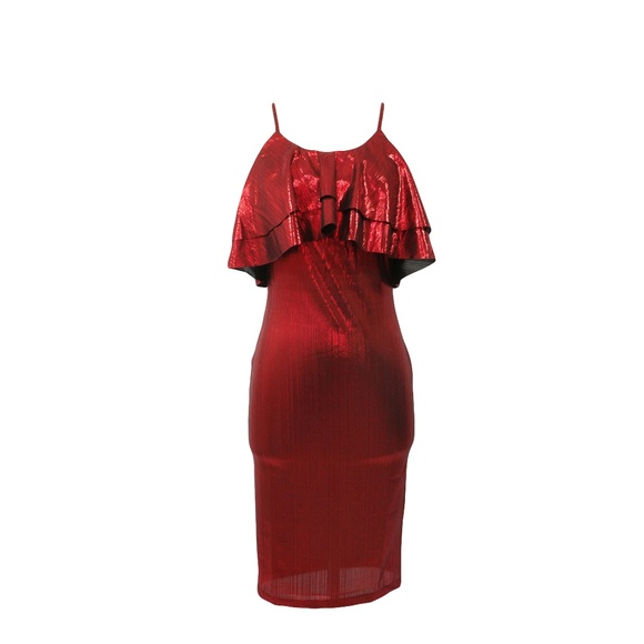 Red Metallic Ruffle Bodycon Midi Dress - Picture 5 of 8